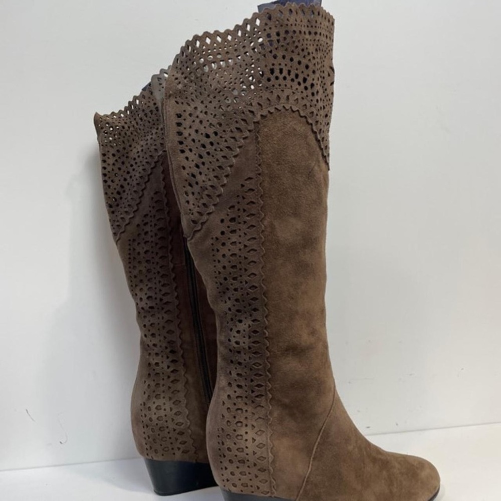 Sofft Brighton Brown Taupe Suede Boho Cutout Leather Knee High Wedge Boot 9